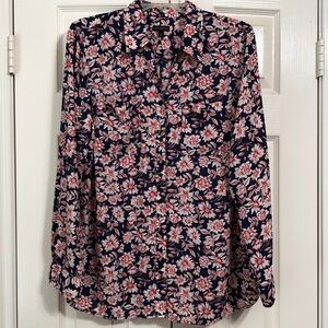 Talbots Button Down Shirt Size Large Long Sleeves Navy and Red Floral